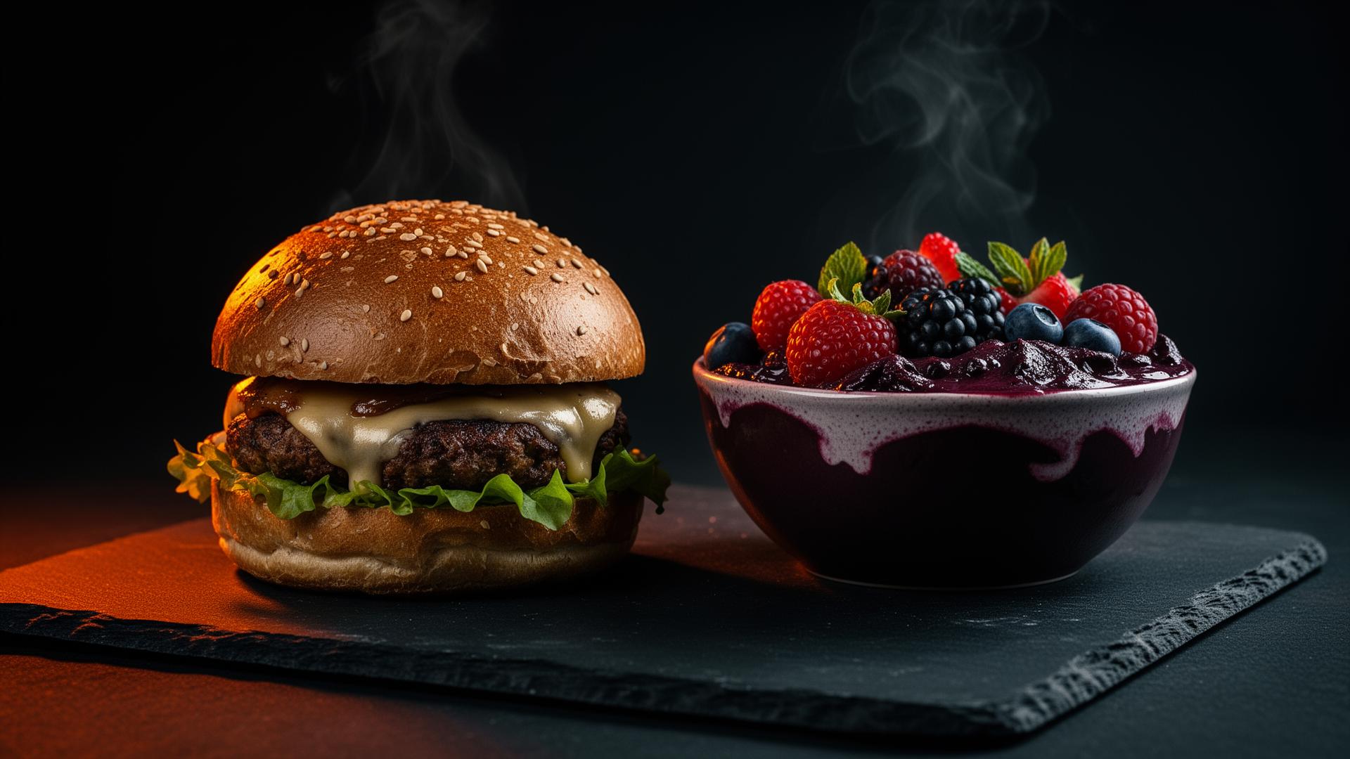 Hambúrguer artesanal e açaí com frutas em uma cena gastronômica